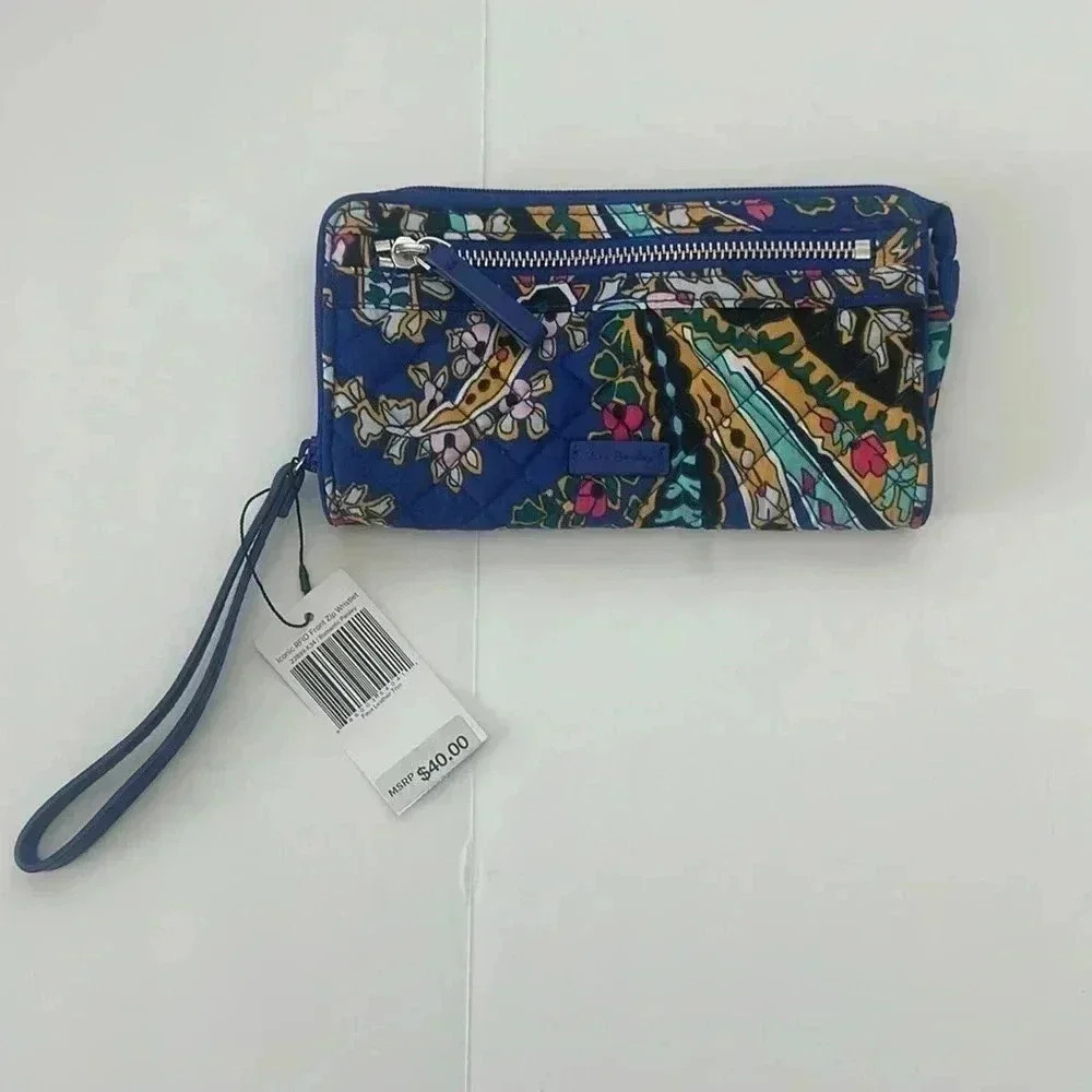 NWT Vera Bradley Iconic RFID Front Zip Wristlet Romantic Paisley Blue